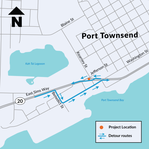 A map showing a detour during Phase 2 of the State Route 20 Kearney Street safety improvement project. Eastbound traffic will continue to detour on Benedict Street and Washington Street. Westbound traffic will use the south side of the new roundabout at the Kearney Street intersection.