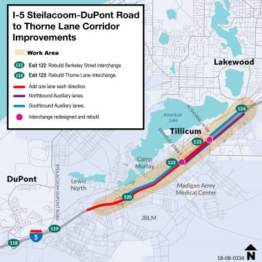 Project area map of the I-5 Steilacoom-DuPont Road to Thorne Lane Corridor Improvements project