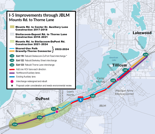 Corridor map of I-5 improvement from DuPont to Lakewood