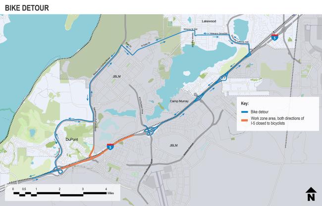 Bicycle detour map showing work zone closed to bicyclists and the detour route through DuPont via Center Drive and Gravelley Lake Drive in Lakewood
